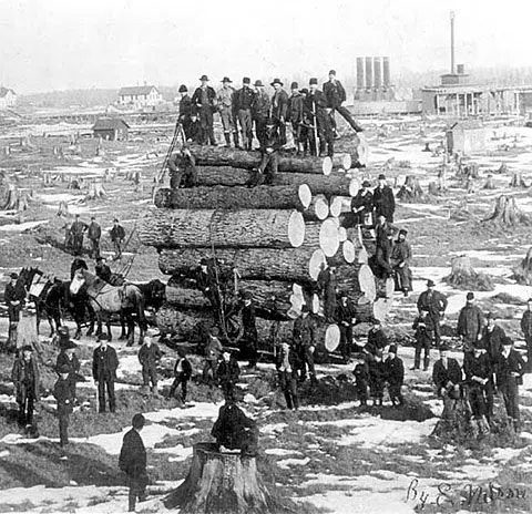 logging team and logs on a cart