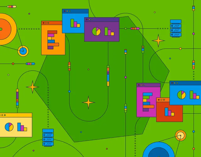 Stylized illustration of data processing and networking with colorful charts, servers, and interconnected lines on a green background.