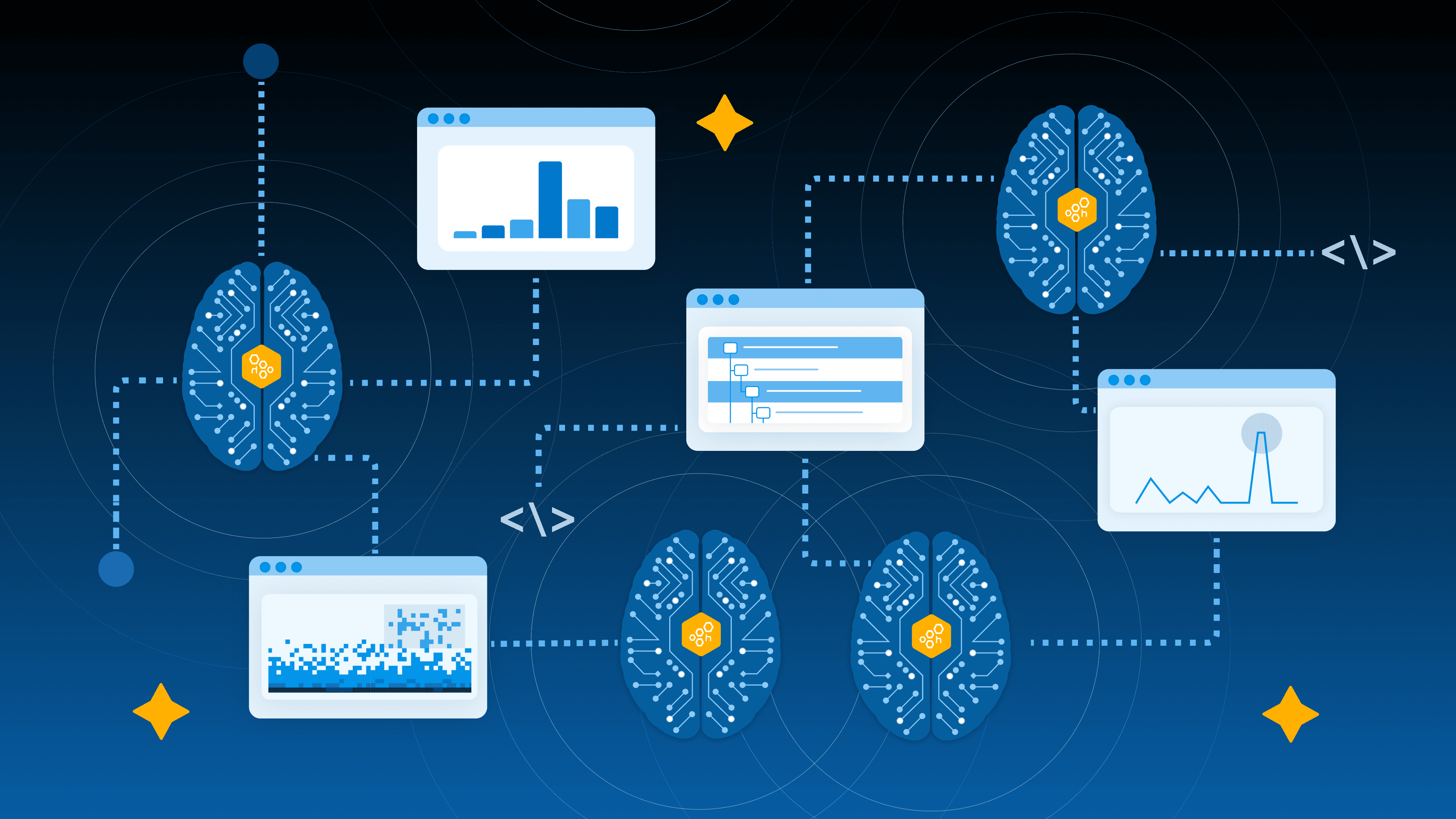 Interconnected AI brain models, data visualizations, and code snippets representing machine learning.