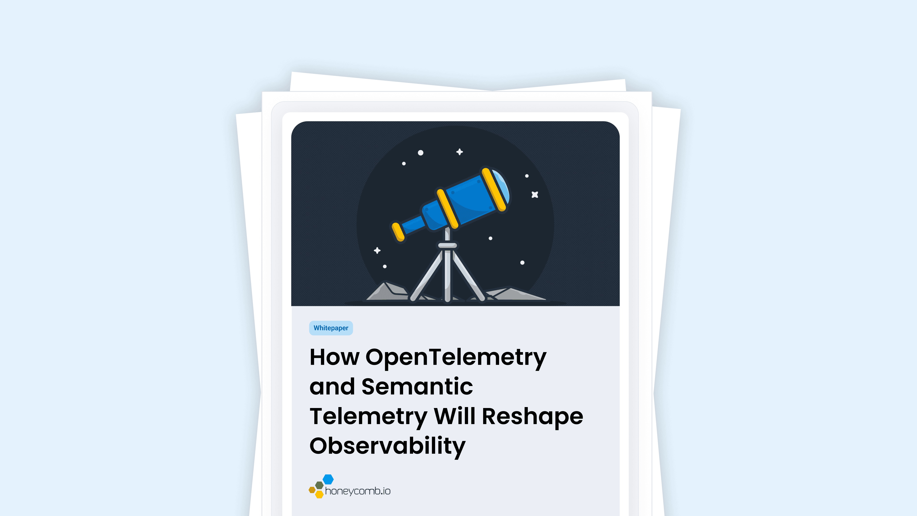 White paper titled 'How OpenTelemetry and Semantic Telemetry Will Reshape Observability', featuring a telescope under a night sky.