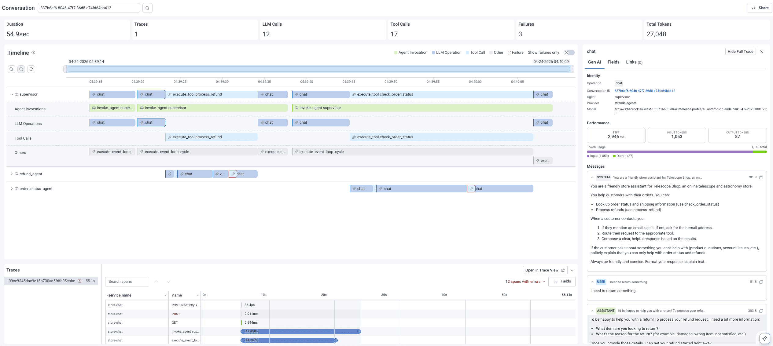 Agent Timeline view rendering an agent conversation