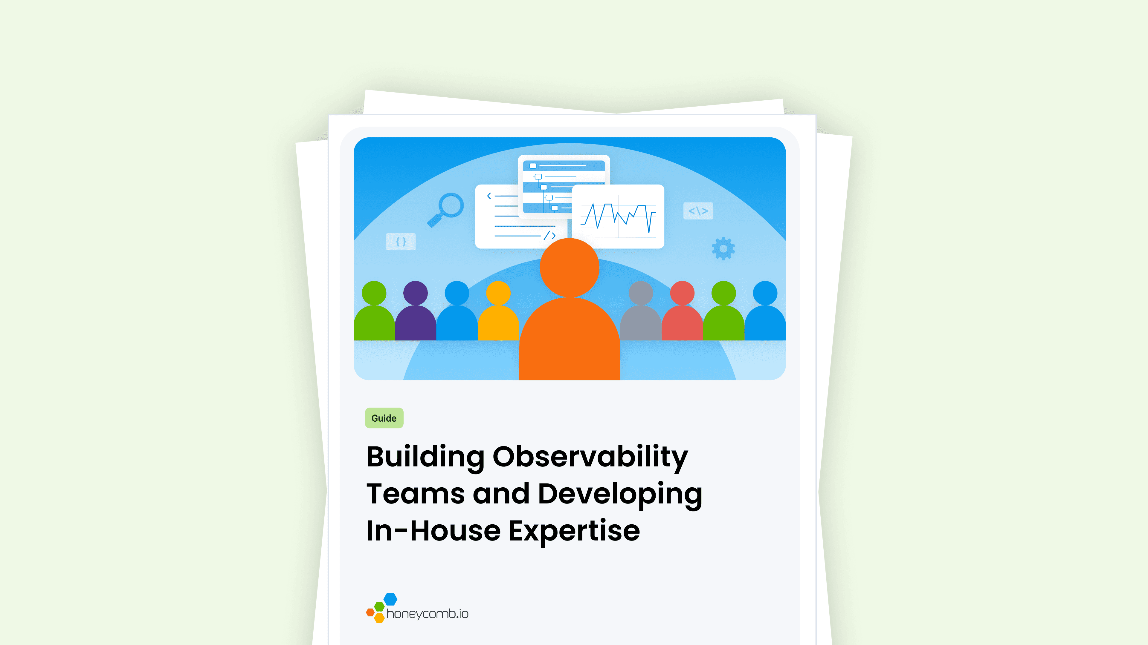 Guide cover for "Building Observability Teams and Developing In-House Expertise" featuring an illustration of people and tech elements.