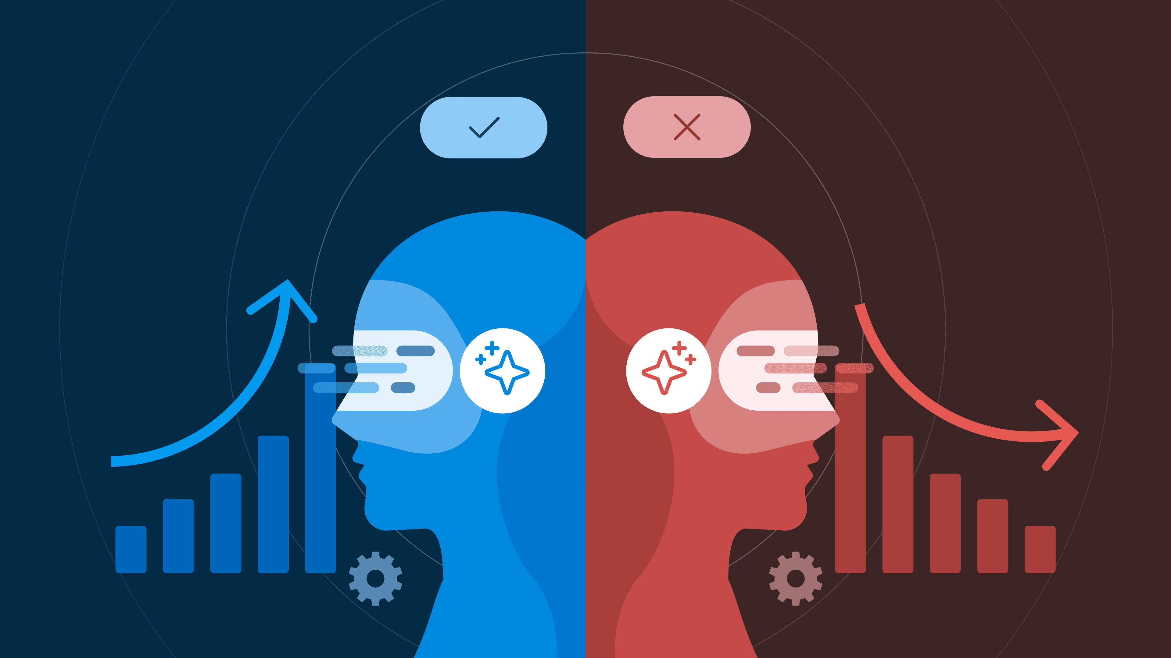A split illustration contrasting a blue head wearing a VR headset with rising graphs and a checkmark, against a red head with a VR headset with falling graphs and an X-mark.