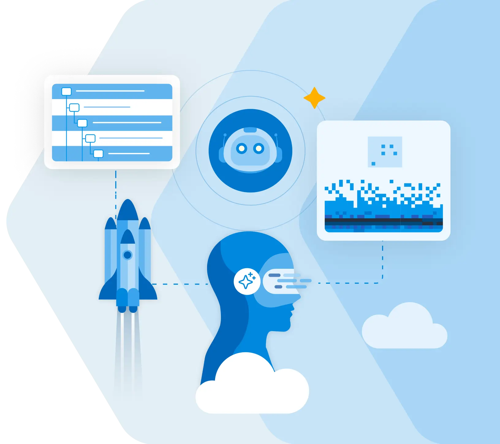 Blue illustration of AI observability for startups featuring a trace waterfall, an AI agent, a rocket launching, a heatmap, and a human profile with AI signals.