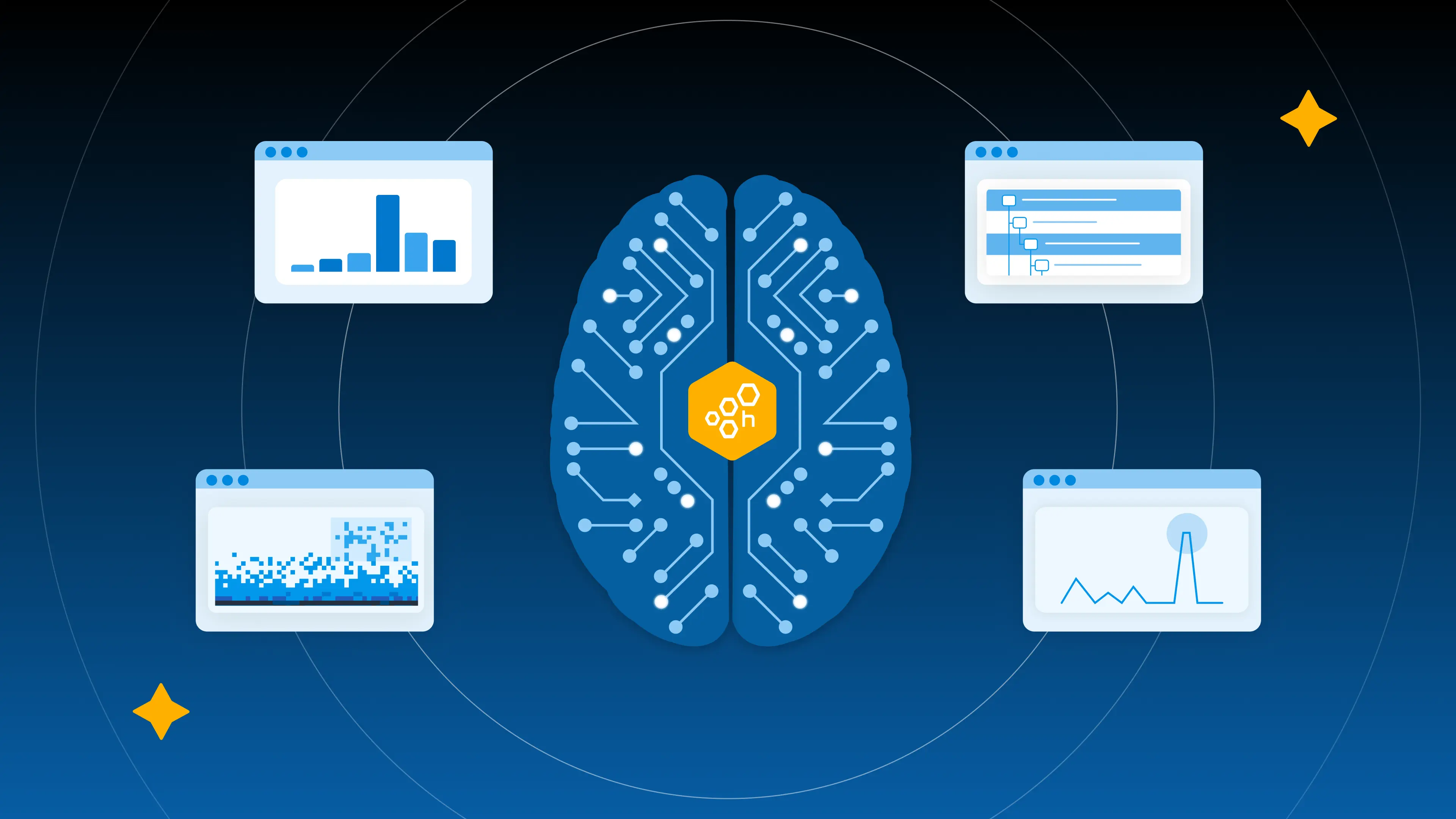 AI brain icon surrounded by data visualization dashboards.