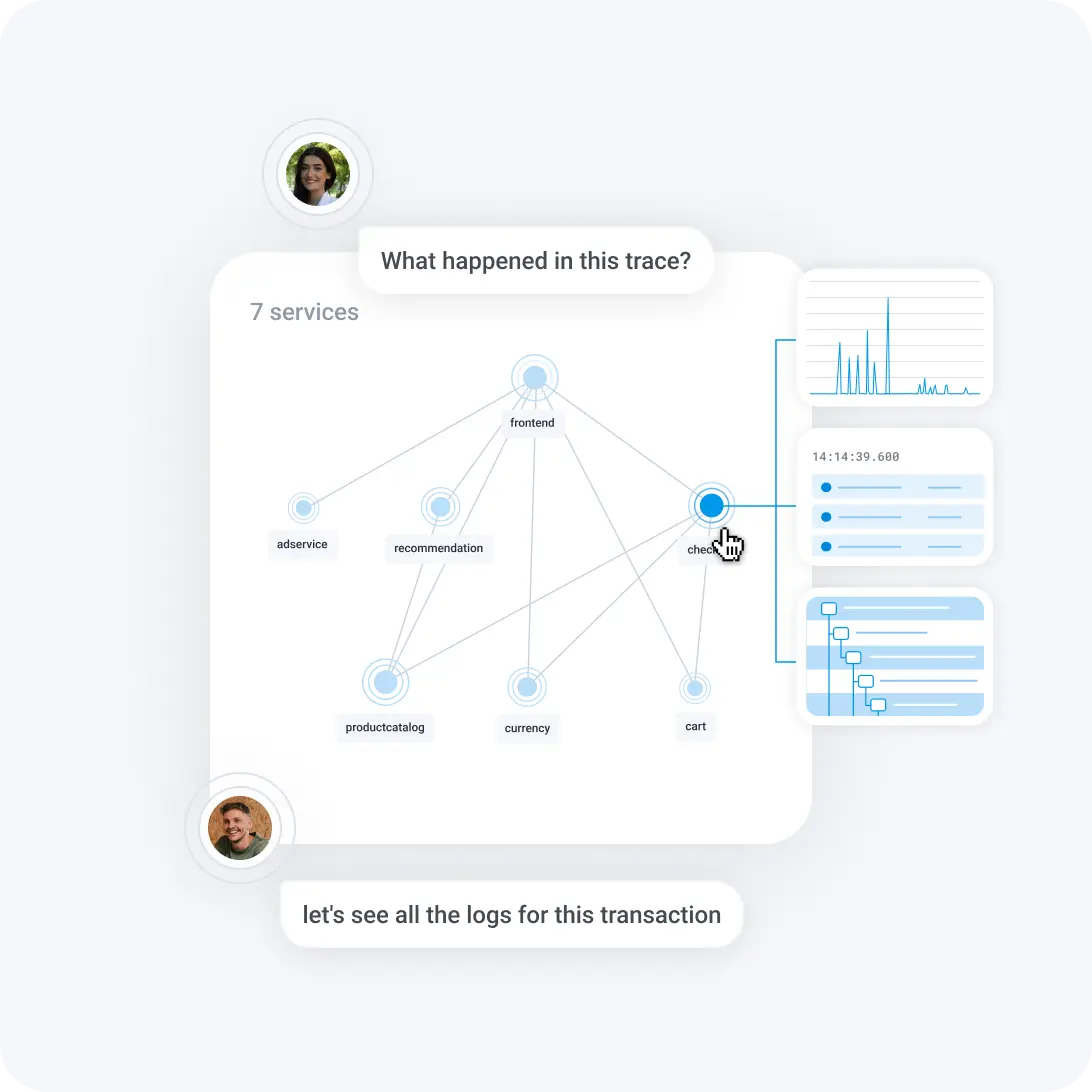 A distributed trace view showing seven services and a request waterfall.