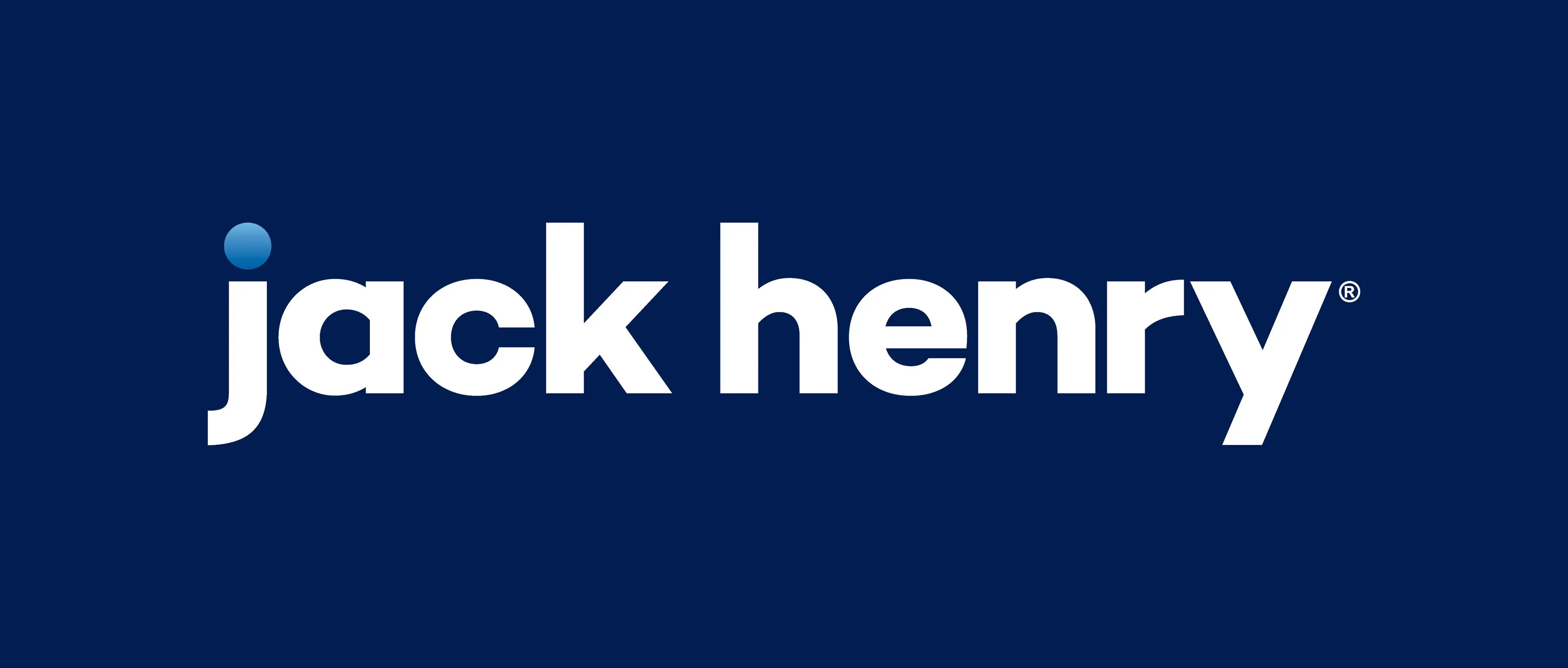 Jack Henry logo with white lowercase text and a light blue dot above the 'j', on a dark blue background.