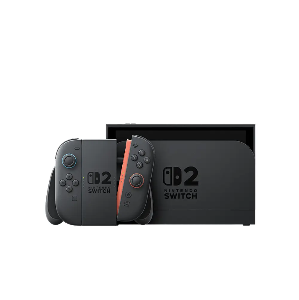 A dark grey Nintendo Switch 2 console with attached Joy-Cons, one with blue and one with orange accents, on a white background.
