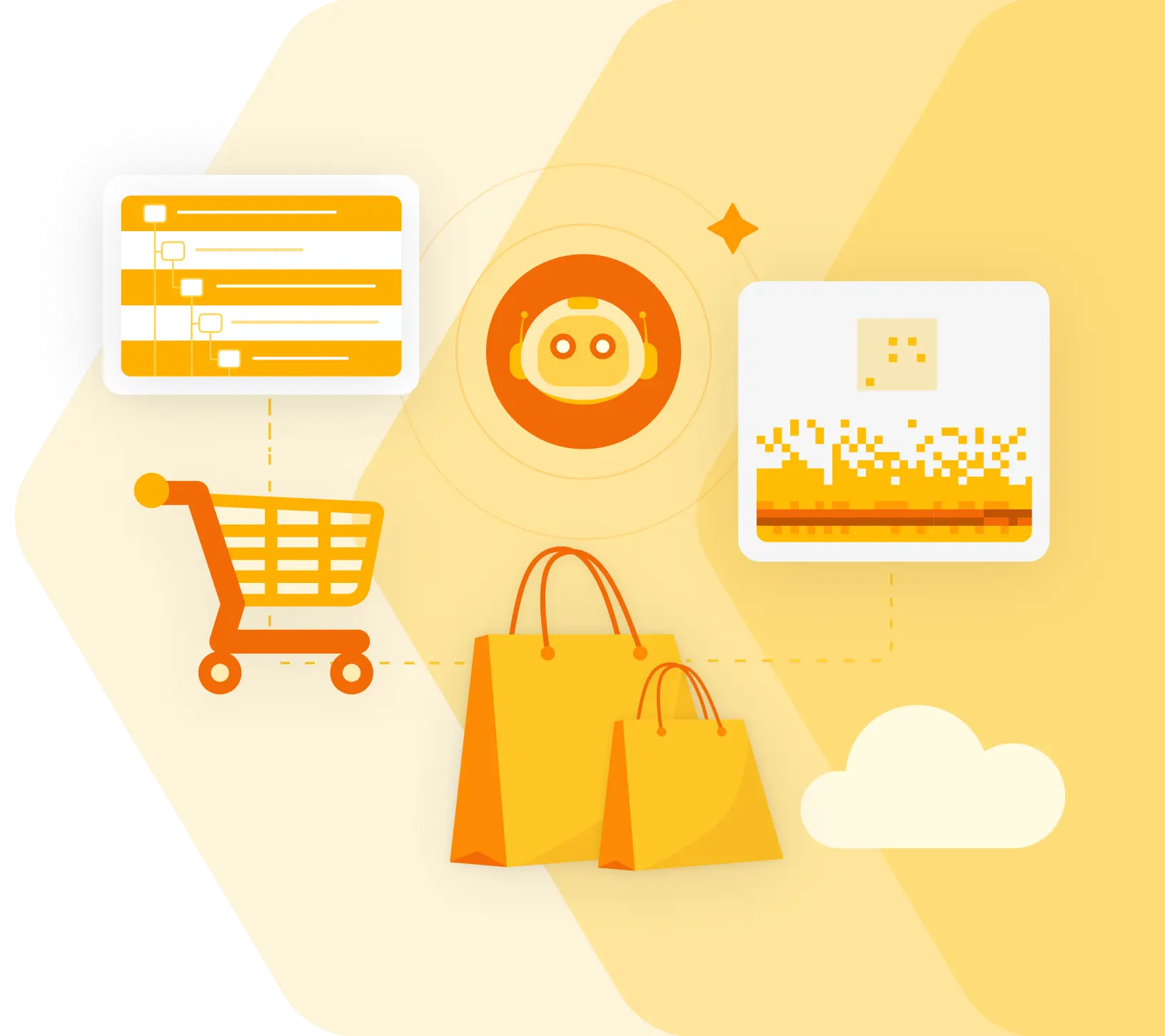 Orange illustration of retail and ecommerce observability featuring a shopping cart, shopping bags, an AI agent, a checkout interface, and telemetry data.