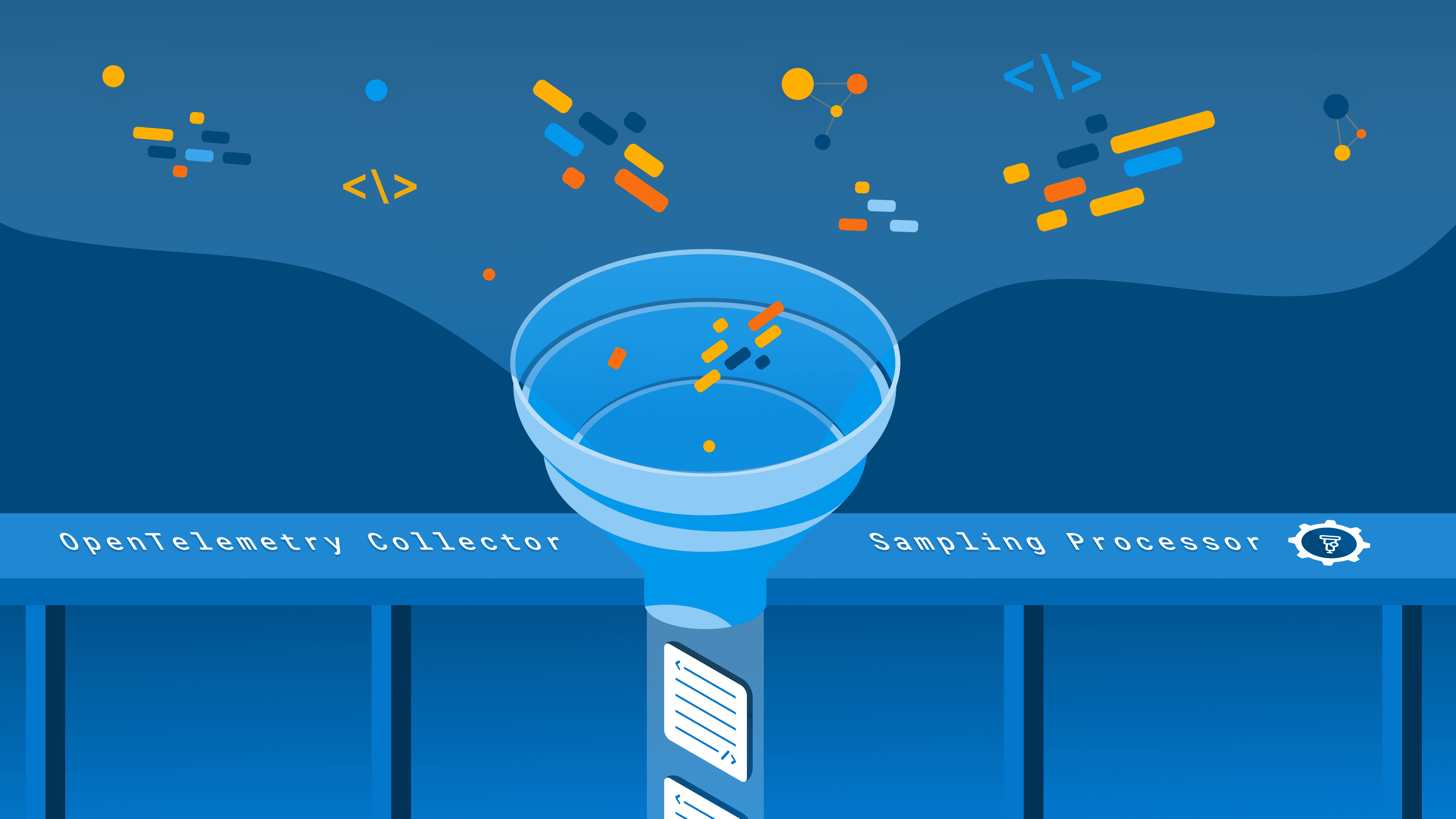 Abstract illustration of an OpenTelemetry Collector funneling colorful data to a Sampling Processor.