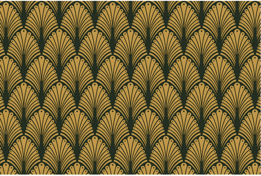 Art Deco fan pattern in gold and dark green.