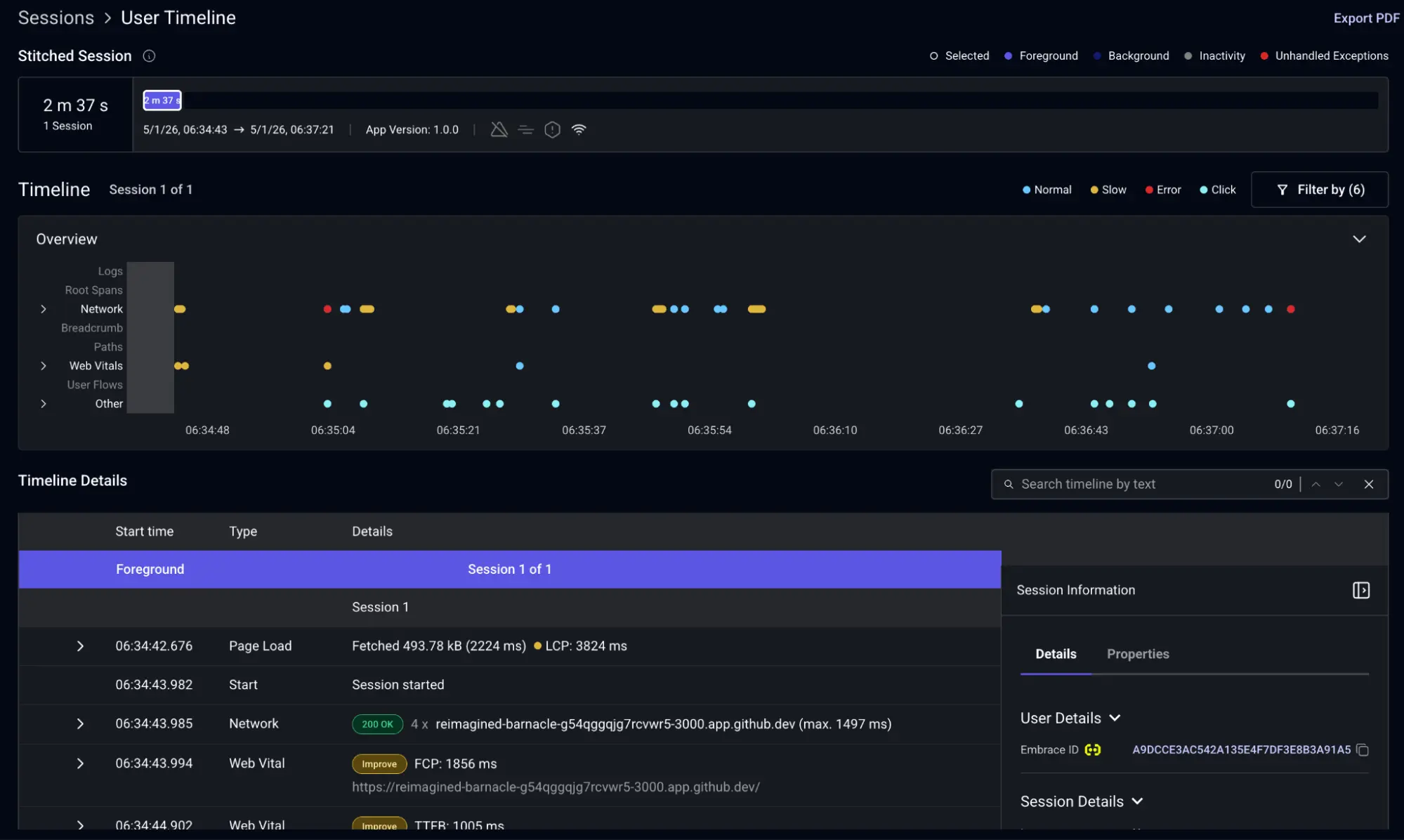 Every user action, network request, and Core Web Vitals was captured on the Embrace side