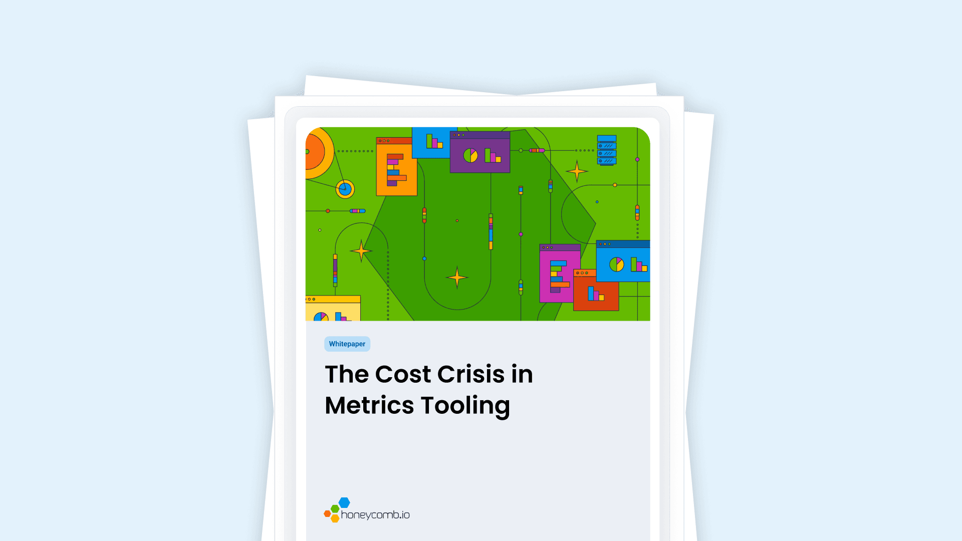 Whitepaper: The Cost Crisis in Metrics Tooling by honeycomb.io, with a colorful abstract graphic.