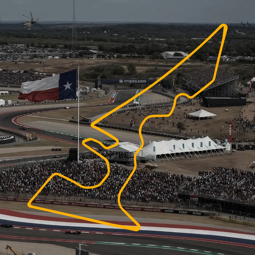 Aerial view of the Circuit of the Americas race track, outlined in yellow, with crowds, a Texas flag, and racing cars visible.