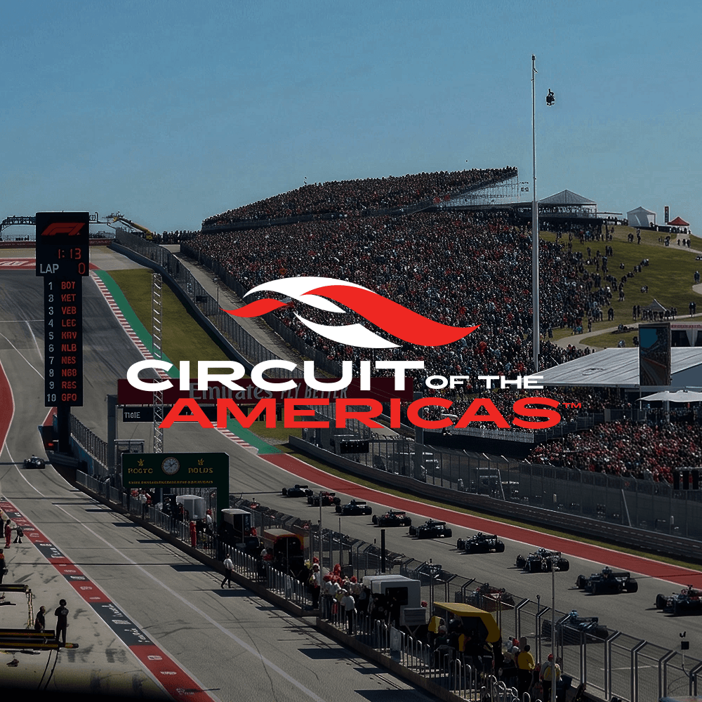 Circuit of the Americas logo overlaying a crowded racetrack with race cars and a scoreboard.