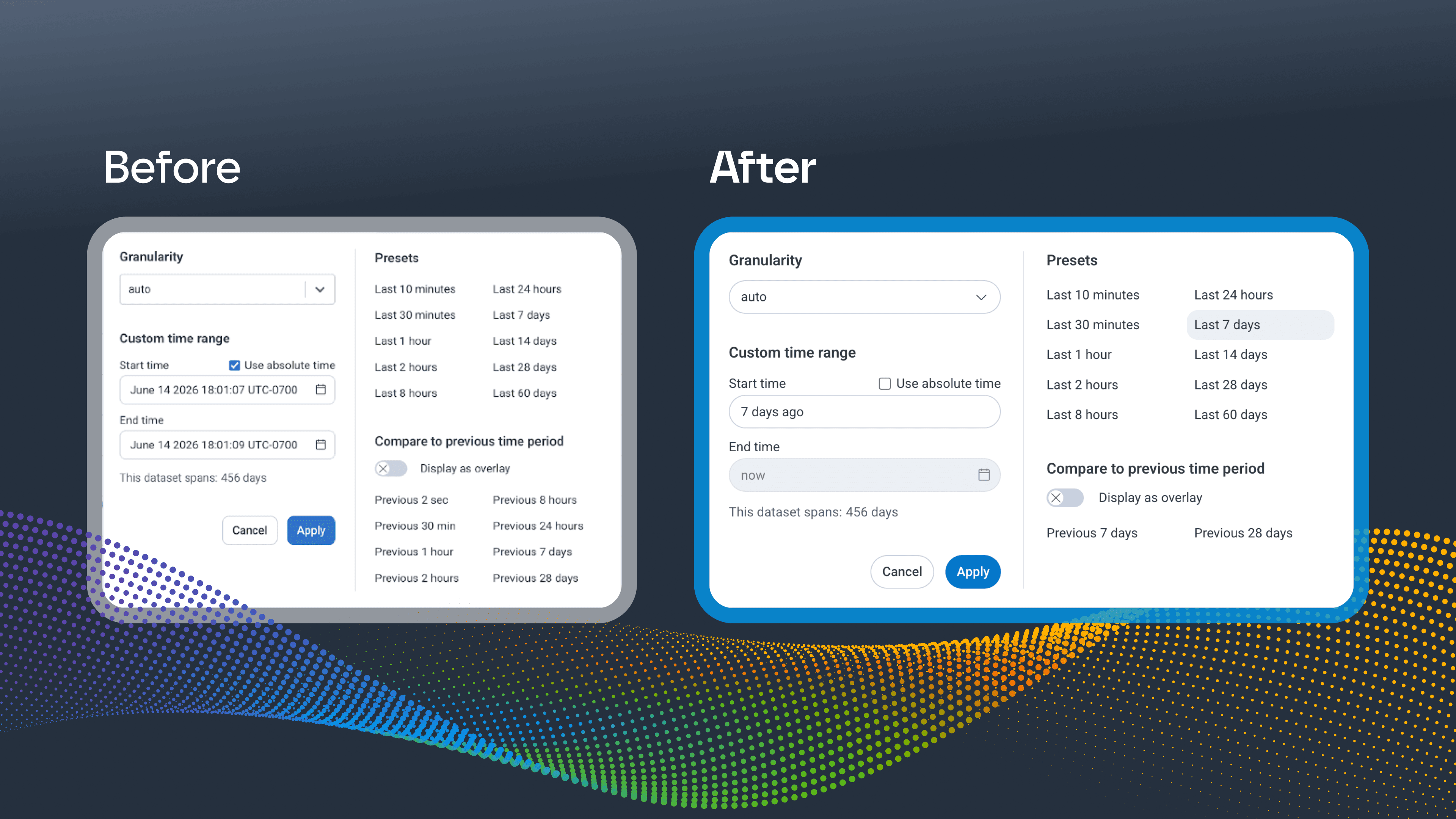 A before and after comparison of a time range selector UI, showing a simplified "After" version with relative time inputs and a cleaner design.