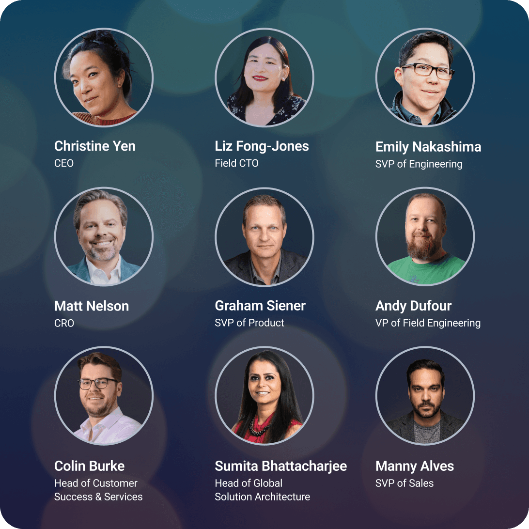Nine headshots of team members with their names and titles.