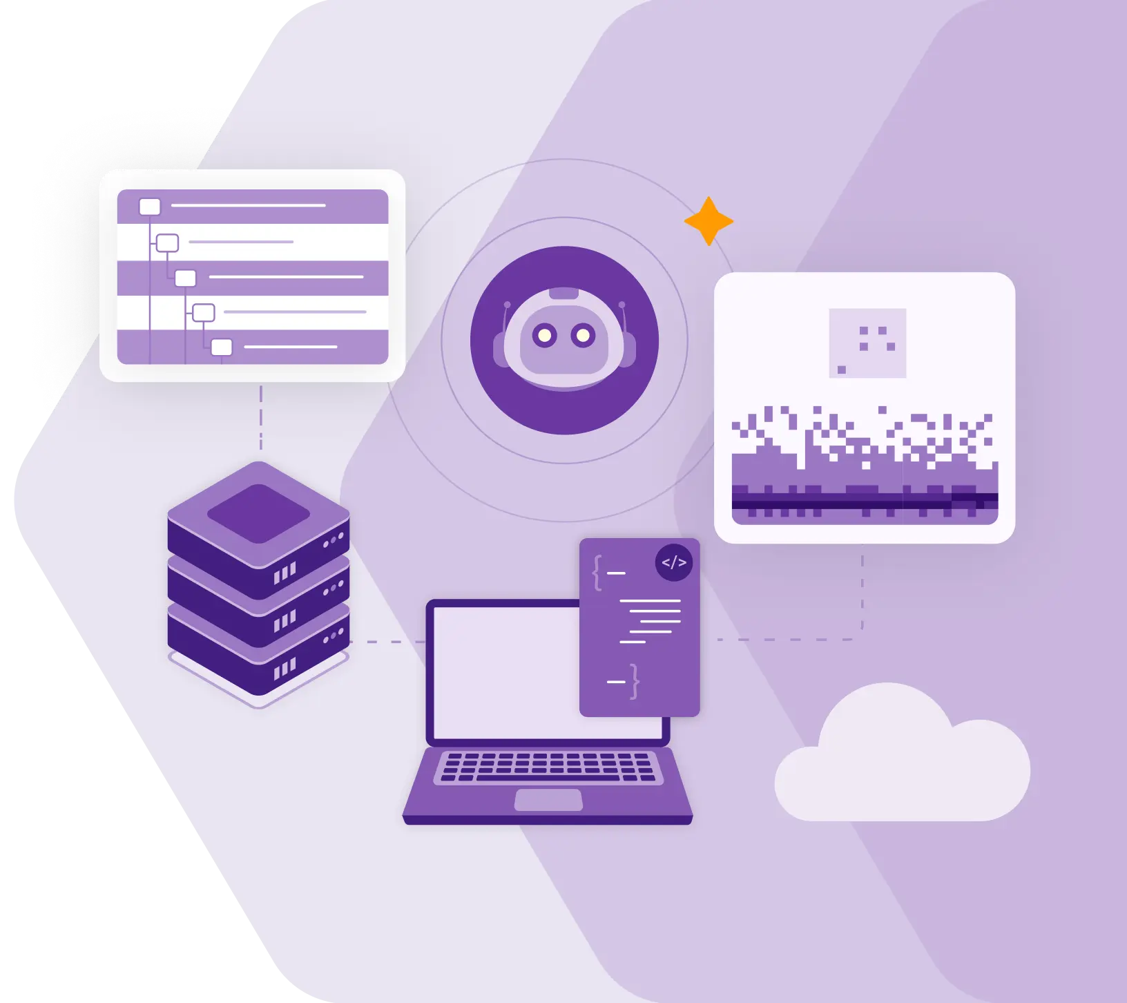 Purple illustration of software and technology observability featuring a distributed trace waterfall, an AI agent, server infrastructure, a laptop with code, and telemetry data.