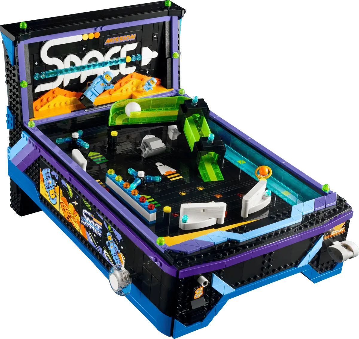 A Lego pinball machine model with a "Space Mission" theme, featuring black, purple, blue, and neon green elements.