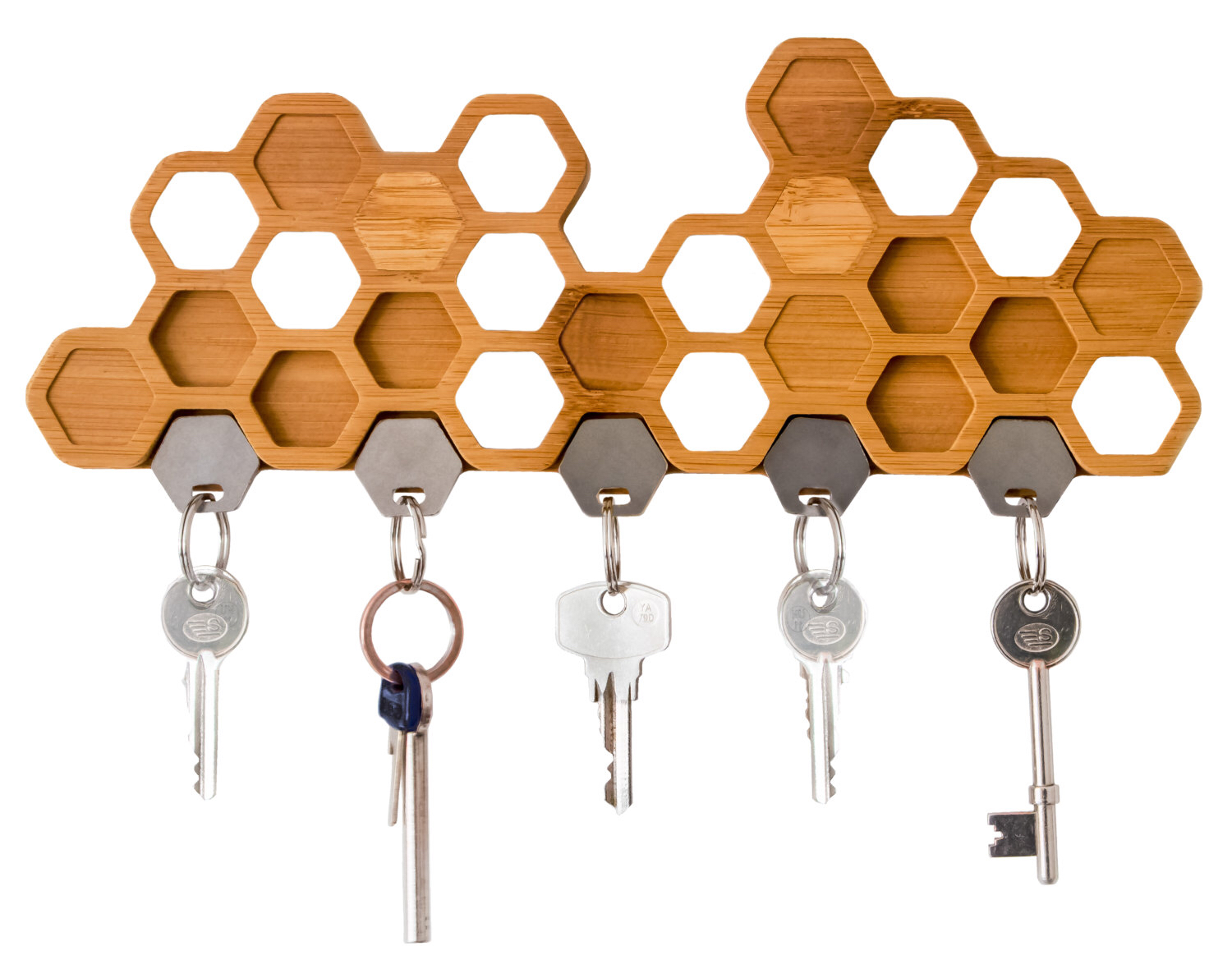 keys hanging from a honeycomb-shaped rack
