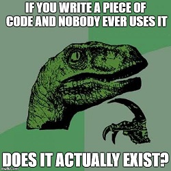 philosoraptor meme saying if you write software and no one uses it, does it actually exist?