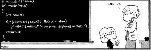 cartoon showing a kid trying to get out of writing his punishment lines on the board by writing a computer program