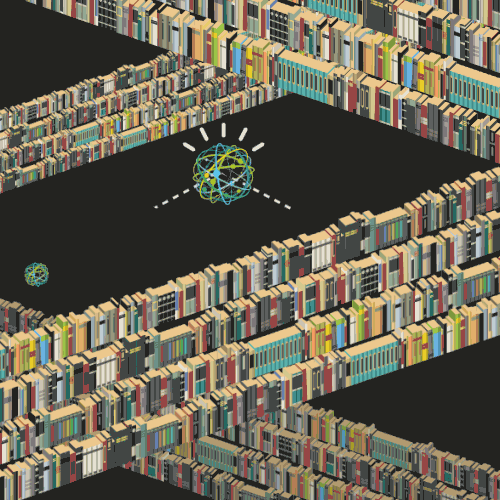 animation of a robot searching a library