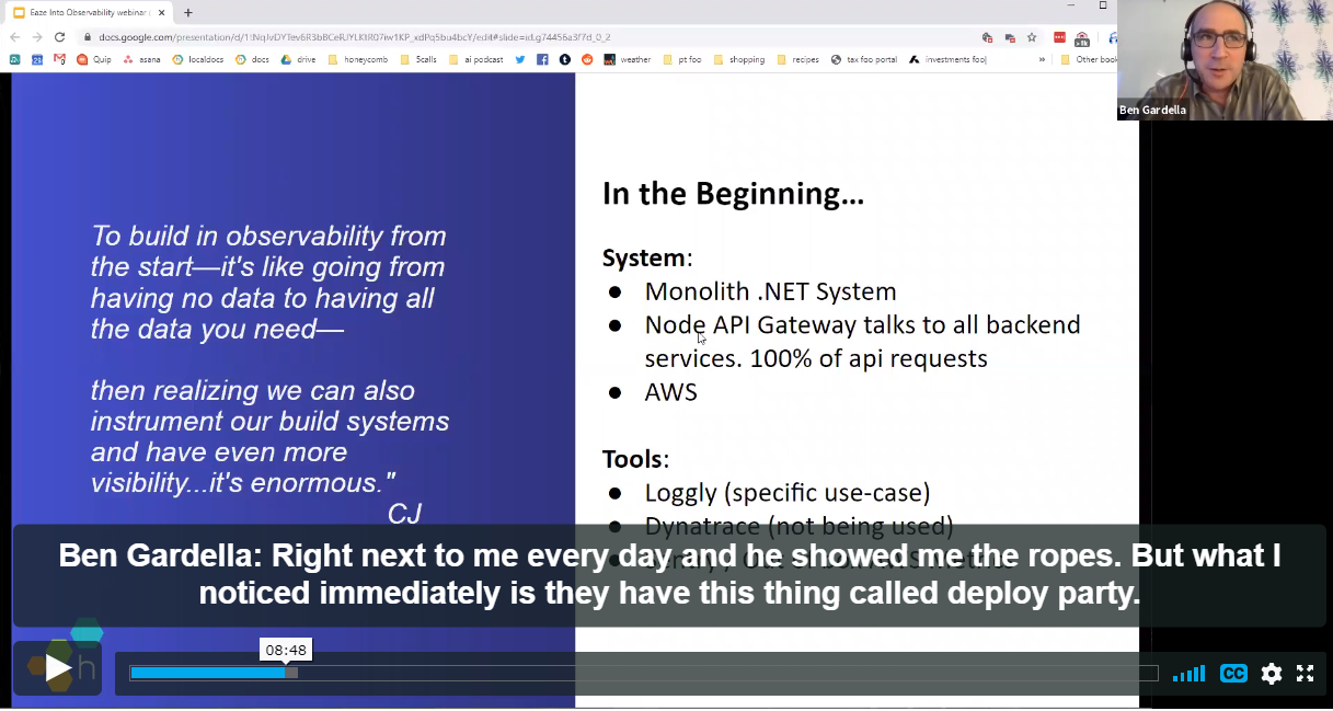 screenshot of webcast with ben talking about "deploy party"