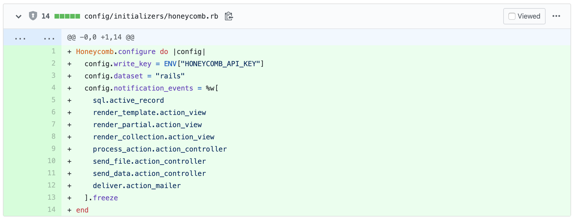 GitHub PR diff showing a new file added with the filename config/initializers/honeycomb.rb. The file contents are Rails configuration settings.