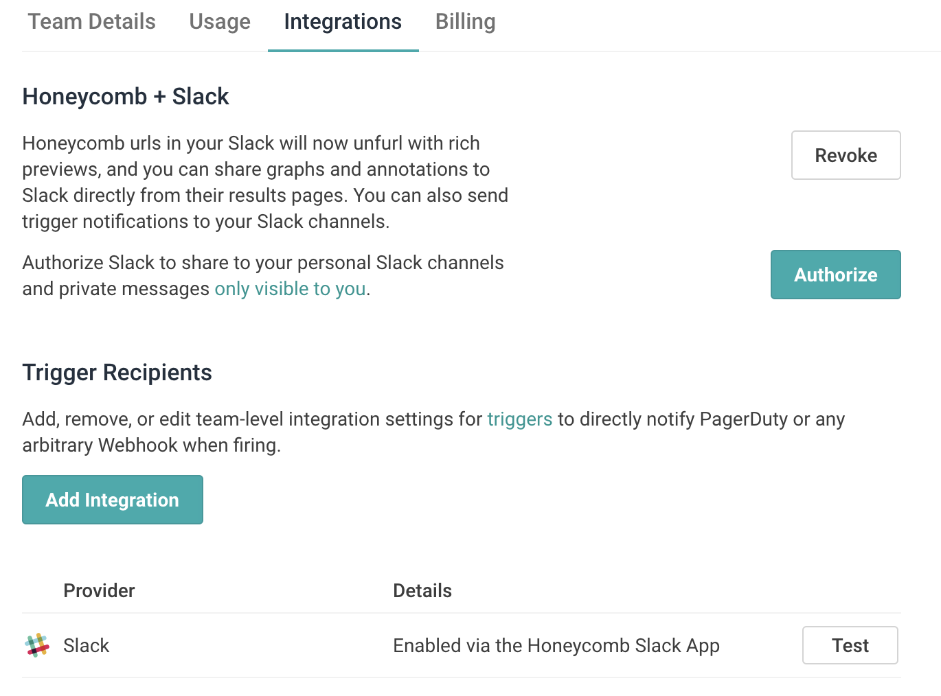 Screenshot of Slack integration option from Team Settings-Integrations page
