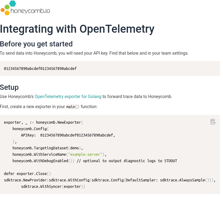 Integrating with OpenTelemetry instructions with code blocks.