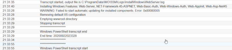 Default log output generated during SSM provisioning