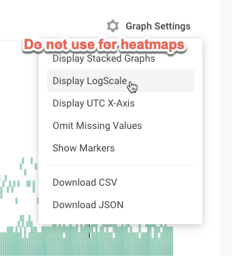  Graph Settings menu in the Honeycomb query builder, with the cursor hovering over the “Display LogScale” option and a text warning reading “Do not use for heatmaps”