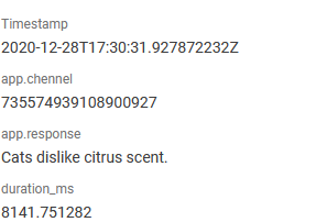 Fields on an individual span, listing the timestamp, app.channel, app.response, and duration_ms. The response reads ‘cats dislike citrus scent’ and the duration is 8141 milliseconds.