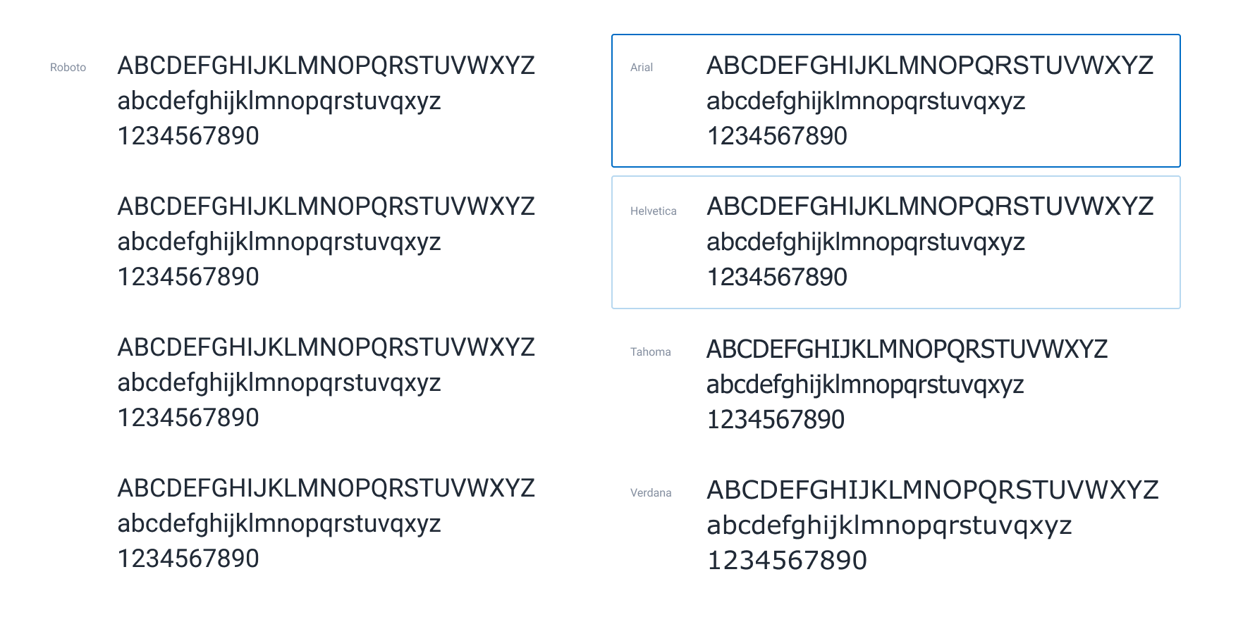 A screenshot showing a comparison of Roboto with various system fonts, which determined our primary and secondary fallback font families.