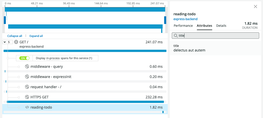 Trace view in the New Relic UI showing the sequence of HTTP request handlers and their durations, as well as the additional span with a title attribute of "delectus aut autem."