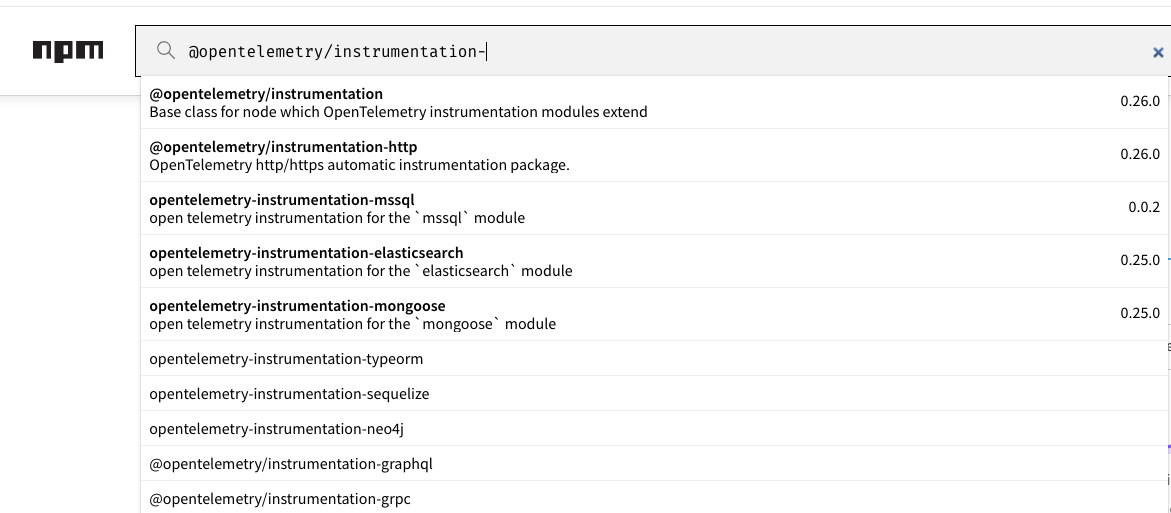 An NPM search showing community plugins for OpenTelemetry and javascript.