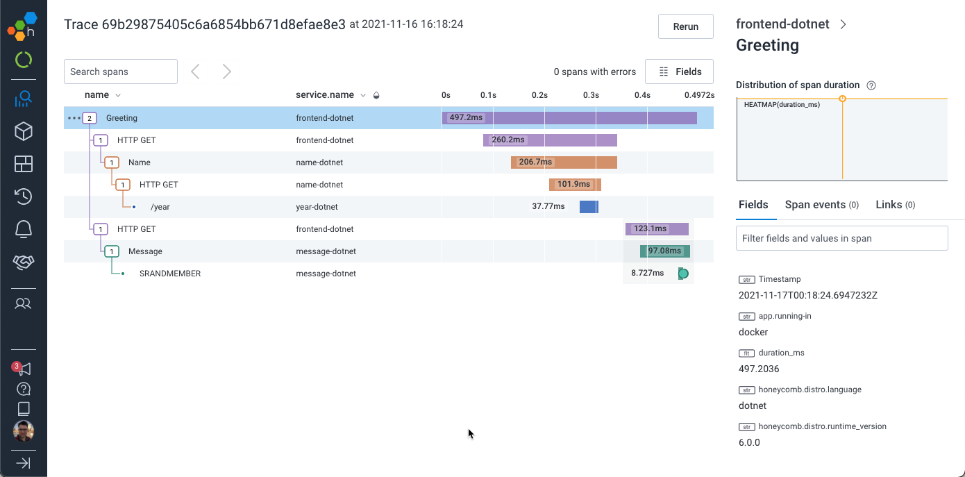 Figure 2: The Trace view shows each span in the execution, colored by service.