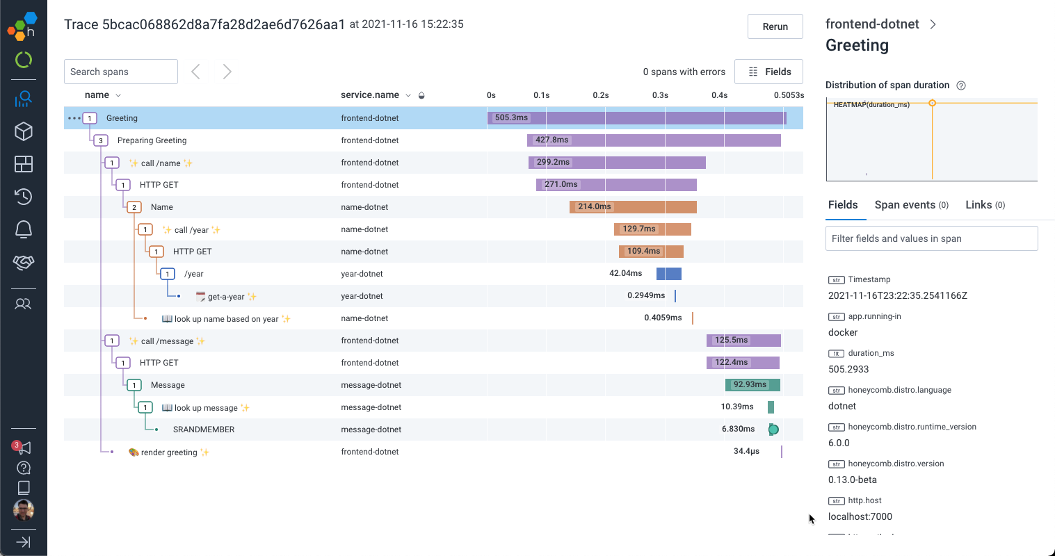Figure 3: The Trace view, with additional custom spans, decorated with emoji.