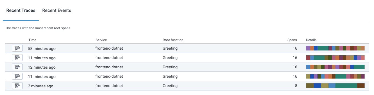 Recent Traces listing showing recent executions of the code. The bottom row represents a recent run.