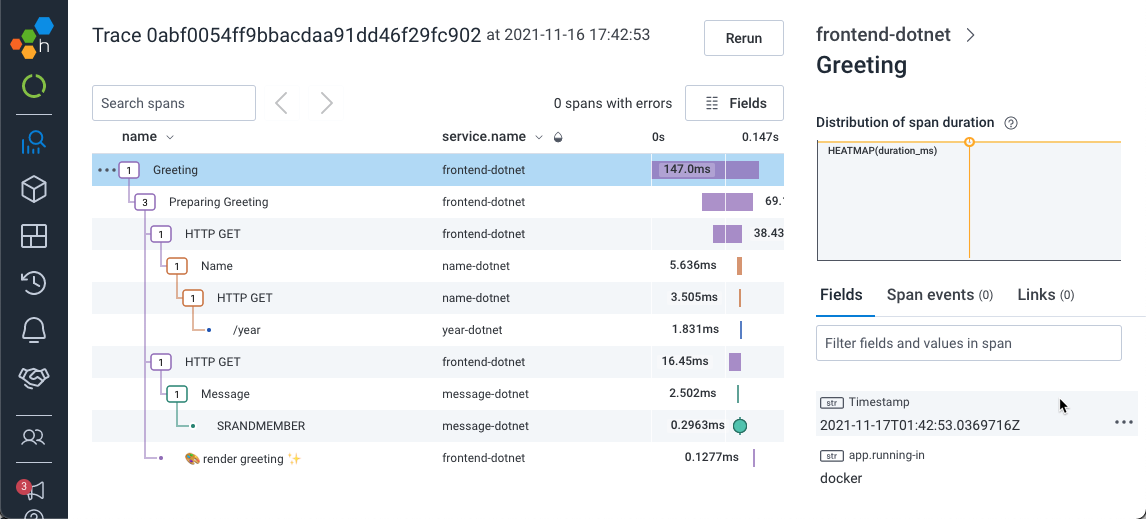 Figure 4: The Trace view, showing that the name-dotnet and frontend-dotnet services are now running concurrently.”