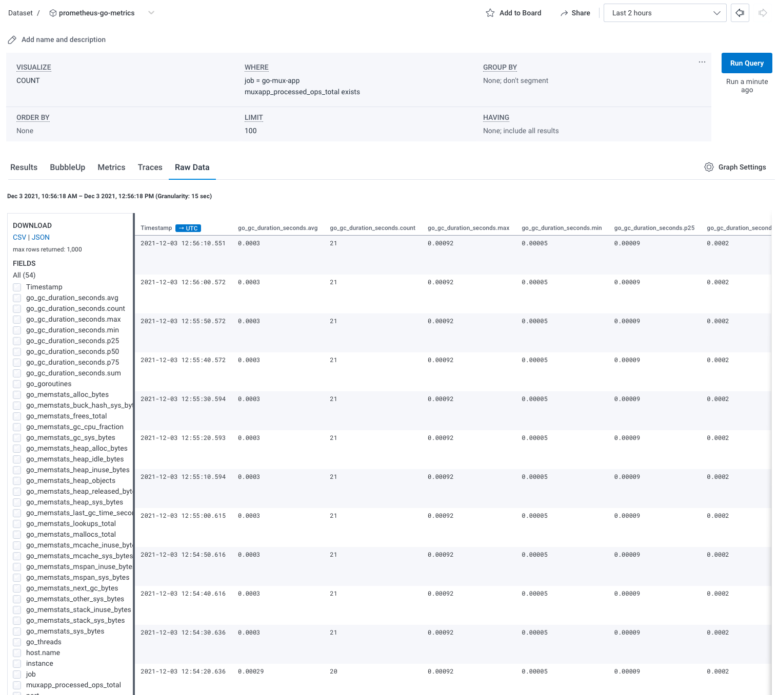 An example of the go metrics within the Raw Data tab