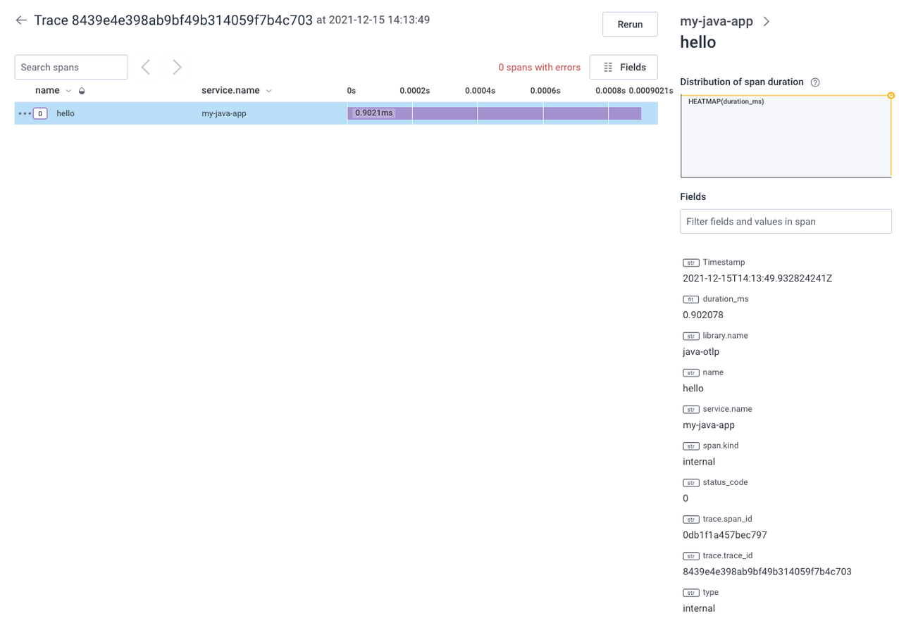 Screenshot showing a waterfall trace visualization with one single manually created span.