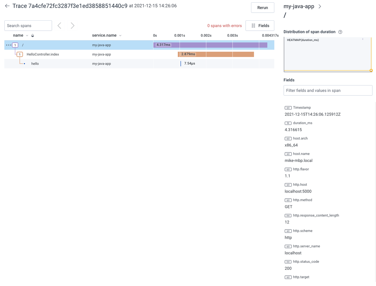 Screenshot showing trace visualization of the original single manually created span, but also includes two new spans that were automatically generated.