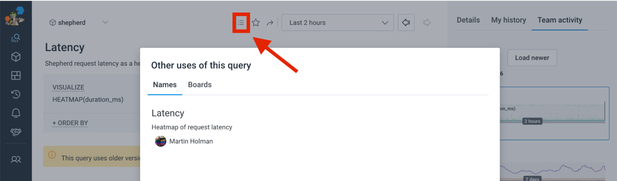 Screenshot of “other uses of this query” modal on Honeycomb’s query builder page