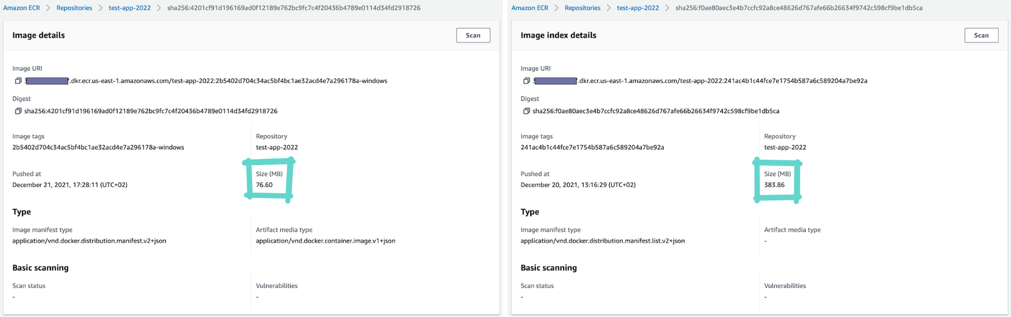 Screenshot of the AWS Console showing the container image sizes in the AWS Elastic Container Registry.