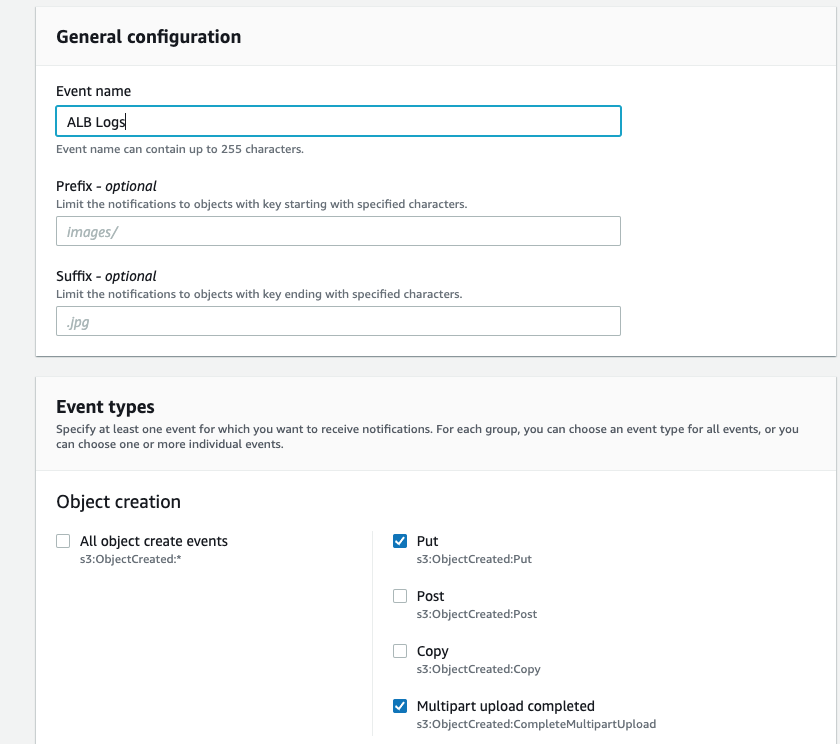 Screenshot: S3 bucket properties screen. "Event name" is set, and the "put" and "multipart upload completed" boxes are checked.