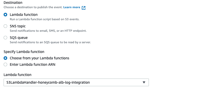 Screenshot: Further S3 config options. Ensure the "lambda function" destination is set, and the "S3LambdaHandler-honeycomb-alb-log-integration" function is selected.