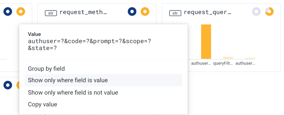 Screenshot: Clicking a value in a dimension. There is a pop-up that confirms the full value ("authuser=?&code=?&prompt=?&scope=?&state=?) and lets us select "show only where field is value".