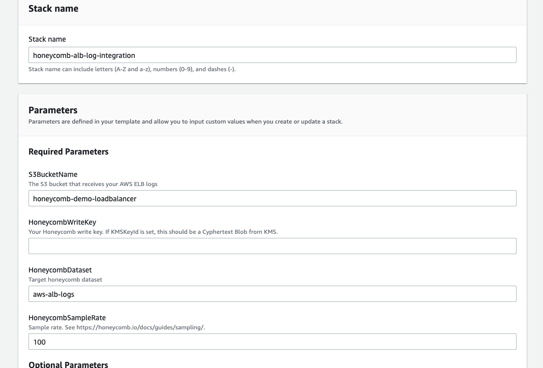 Screenshot: Cloudformation stack example with required fields filled in.